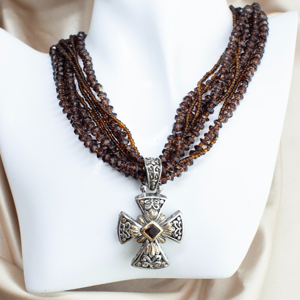 MX Chunky Brown Beaded Multi Strand Maltese Cross Pendant Necklace Boho Western